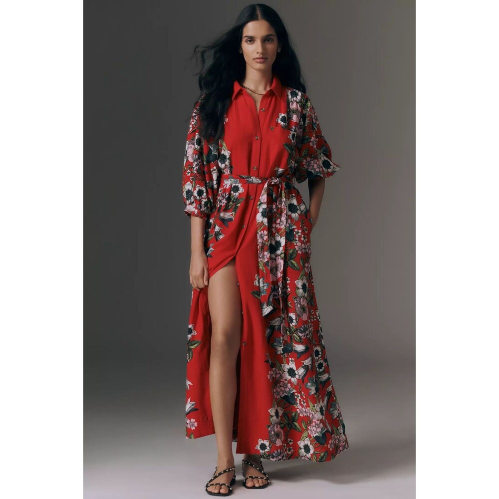 Anthropologie The Mona Linen Maxi Shirt Dress by Maeve Red Floral 2X NEW - Picture 1 of 4